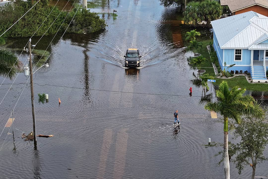 An aerial view of a flooded neighborhood after the onslaught of Hurricane Milton in Punta Gorda, Florida, USA.